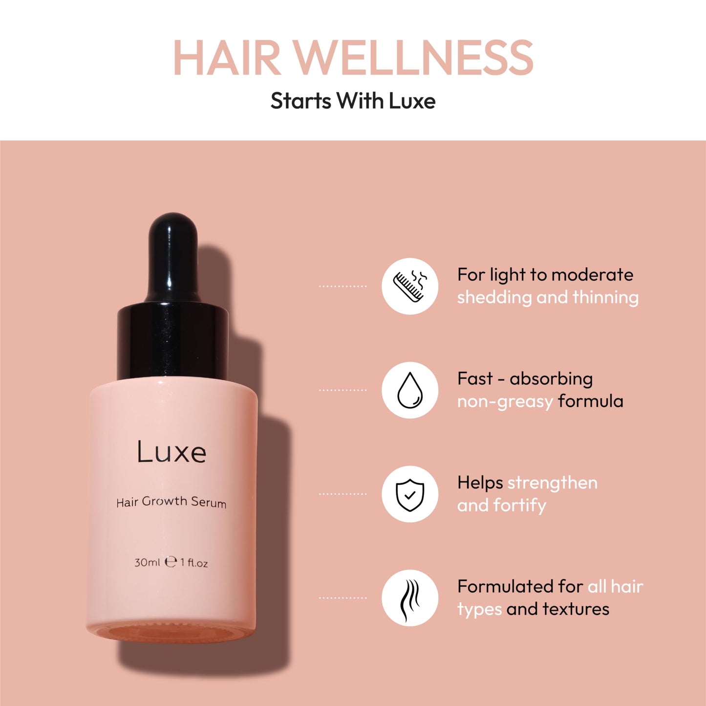 Luxe Cosmetics Hair Growth Serum (30ml) Advanced Formula for Hair Growth Product for Women - Supports Thicker, Fuller, and Shinier Hair - Premium