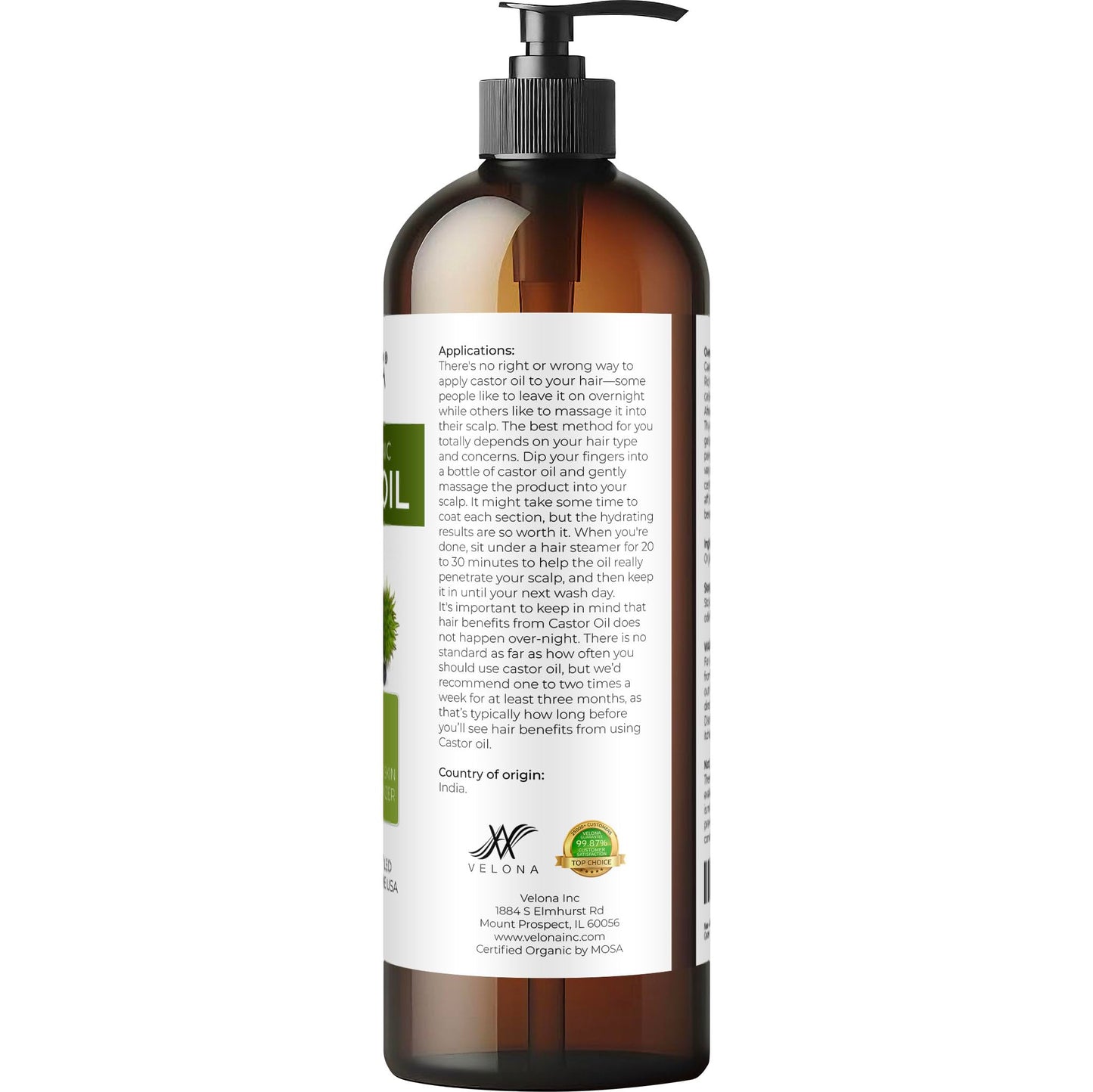 velona USDA Certified Organic Castor Oil - 16 fl oz (With Pump) | For Hair Growth, Boost Eyelashes, Eyebrows | Cold pressed, Natural Oil, USP Grade |