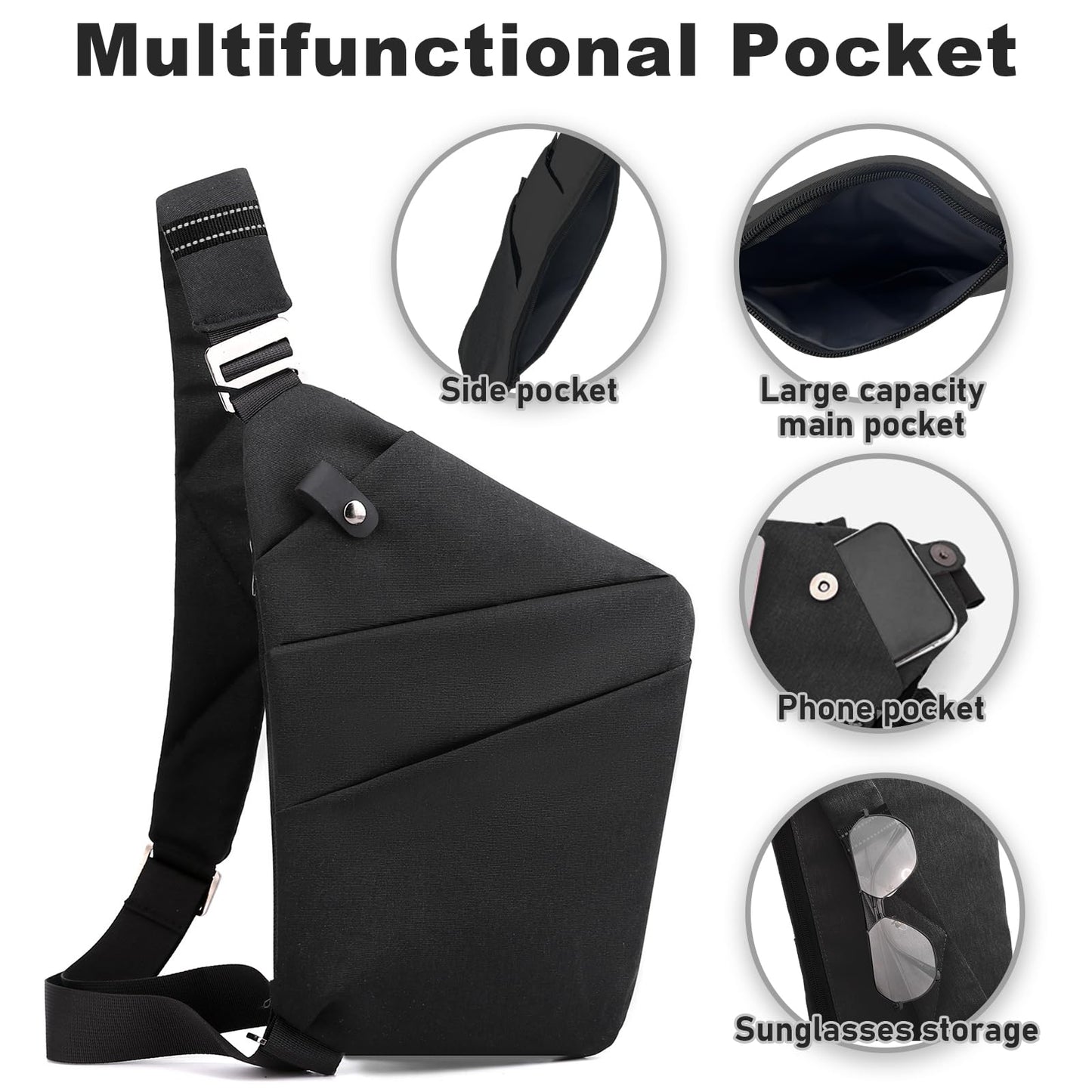 Anti Theft Travel Bag, One Shoulder Large Capacity Cross-body Bag Chest Fashion Lightweight Sling Bags for Travel Sports (Left Shoulder, Black)