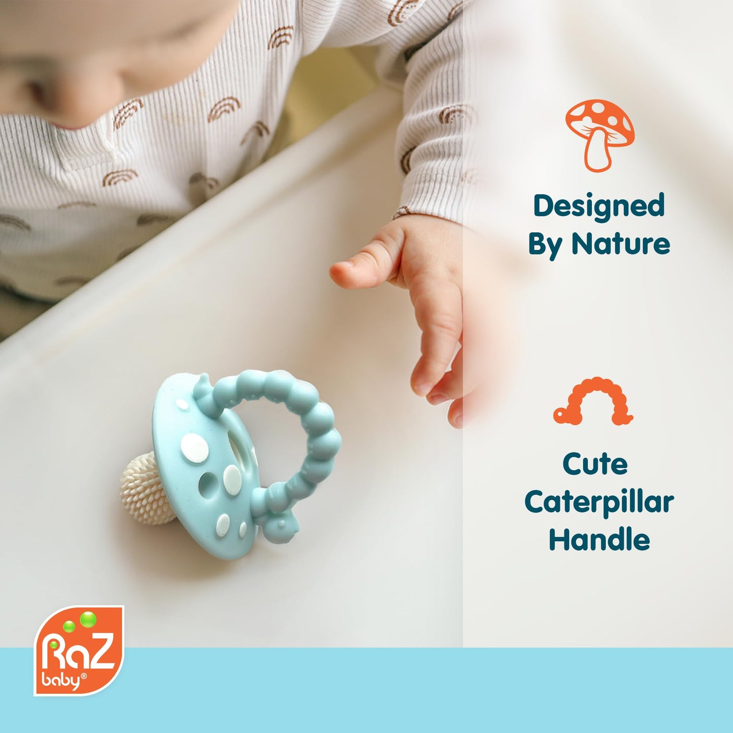 RaZbaby Chompy Teether – Soft Silicone Baby Teething Toy 3M+, BPA-Free, Easy to Hold, Soothing Bristles, Sensory Aid – Red/Blue