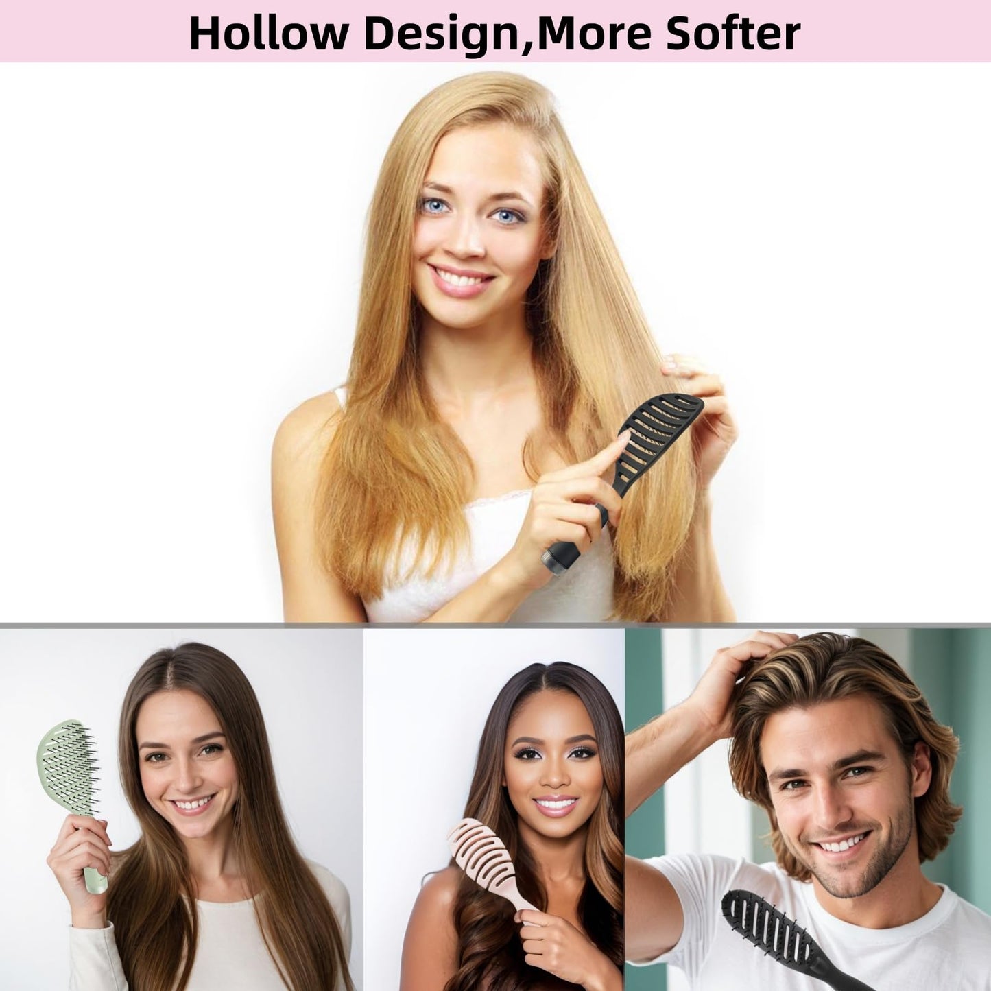 Curved Vented Hairbrush Faster Blow Drying - Detangling Brush with Built in Cleaner, Magnetic Holder and Hair Clips for Women, Men & Kids - Black