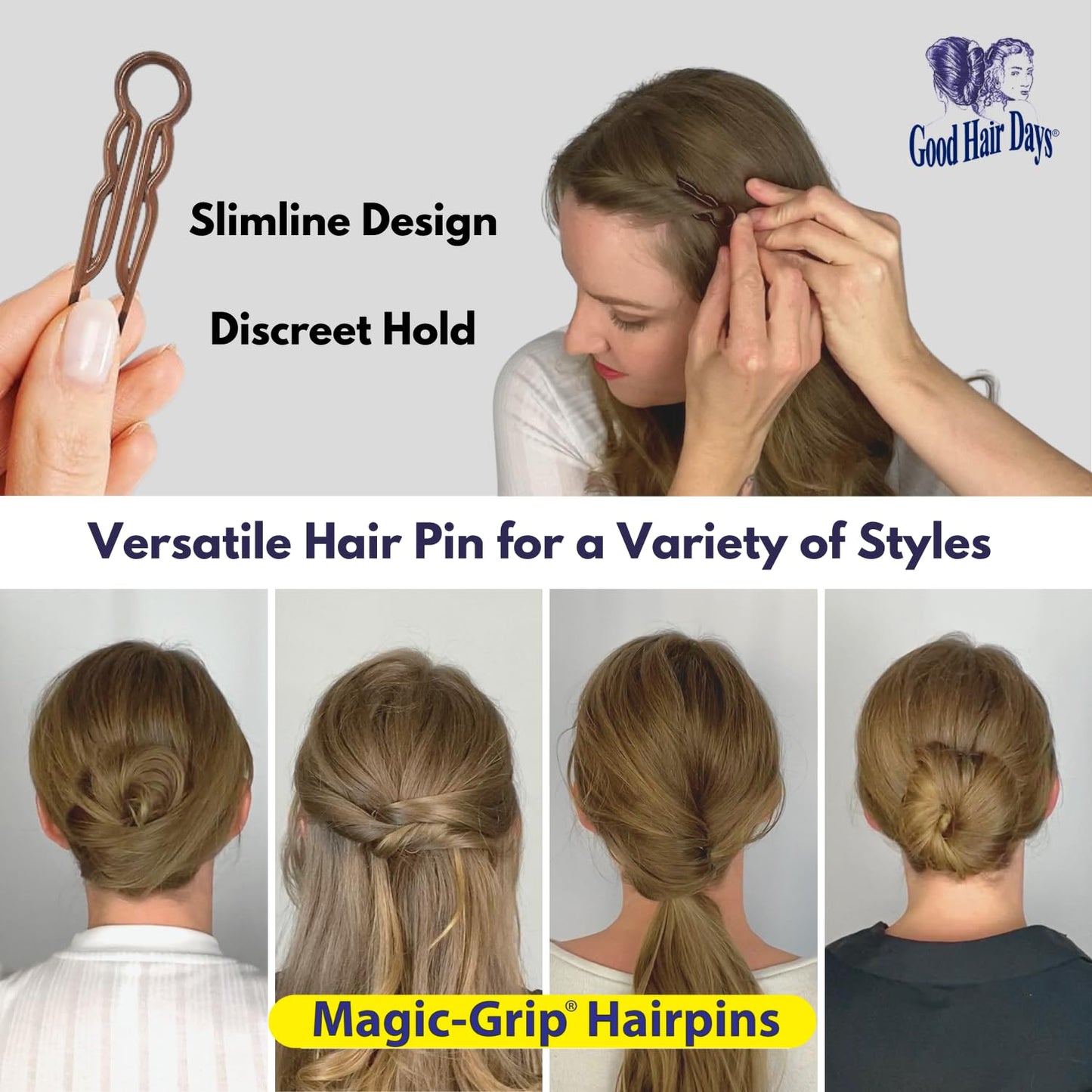 Good Hair Days Magic-Grip Hairpins - 2 1/2" U-Shaped Grip Hair Pins for Fine, Thick, Curly & Long Hair, Invisible Strong Hold Styling Accessories, Set Beauty and Personal Care Good Hair Days