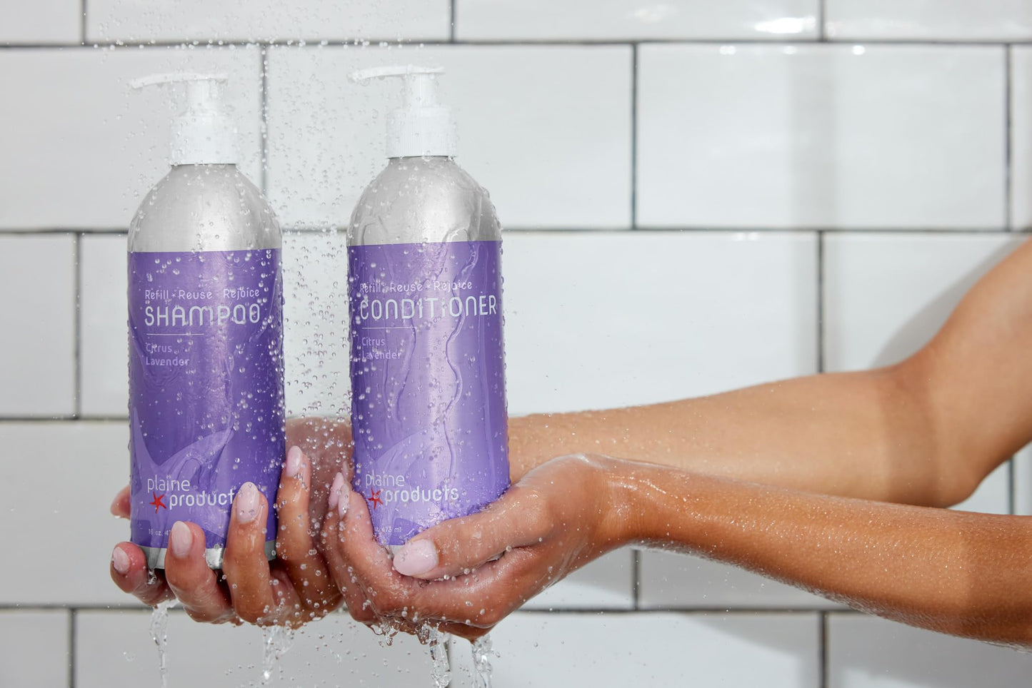 Plaine Products Eco-Friendly Shampoo and Conditioner - Citrus Lavender - Sulfate/Paraben/Phthalate Free, 16oz (Refillable Aluminum Bottles with Pumps)