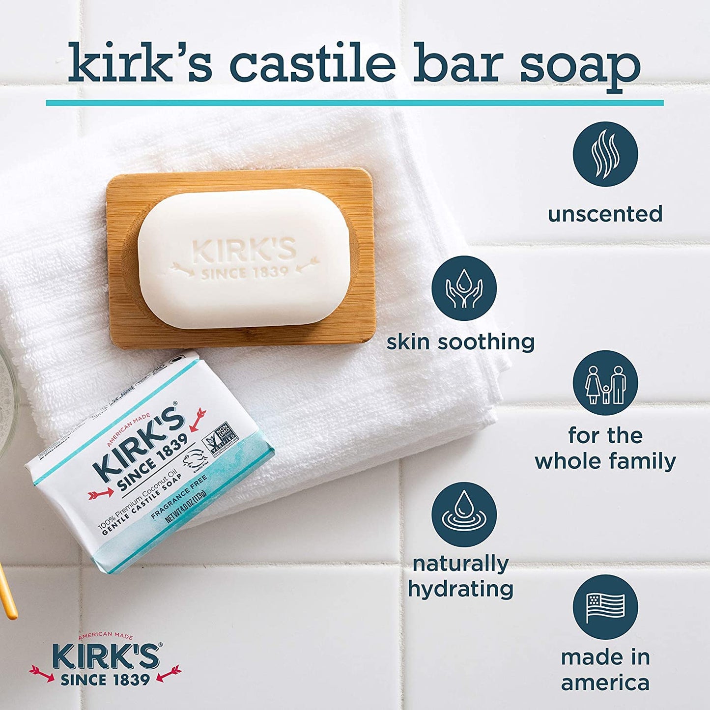 Castile Bar Soap by Kirk’s | Clean Soap for Men, Women & Children | Premium Coconut Oil | Sensitive Skin Formula, Vegan | Fragrance-Free/Unscented |