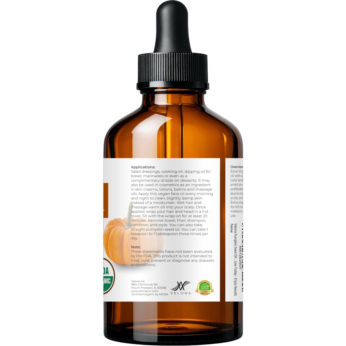 velona Pumpkin Seed Oil USDA Certified Organic - 4 Fl Oz | 100% Pure and Natural Carrier Oil | Unrefined, Cold Pressed | Cooking, Face, Hair, Body