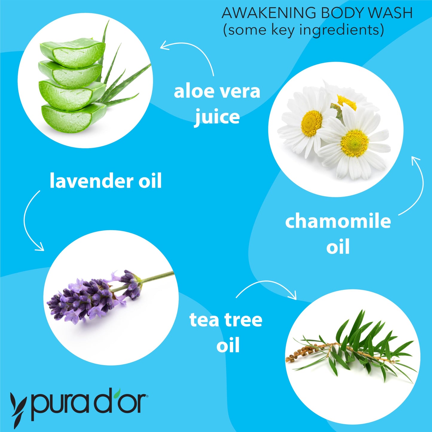 PURA D'OR Awakening Body Wash (16oz x2 = 32oz) Aloe Vera, Chamomile, Lavender, Tea Tree for Invigorating Earthy Scent, pH Balanced for Moisturized Beauty & Personal Care PURA D'OR