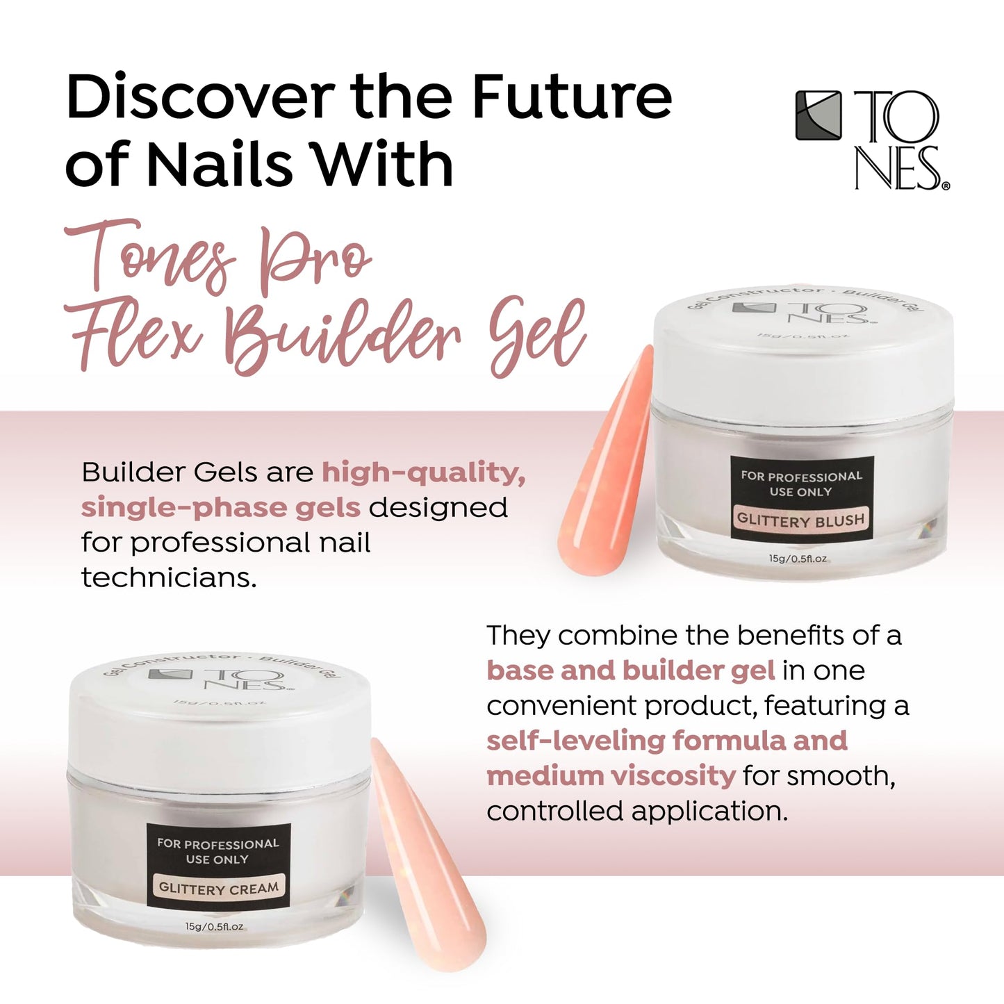 TONES Builder Gel - Nail Extension Strengthener | UV/LED Cured for Long Lasting Shine - Superior Grip & Sculpting | (Glittery White) | (15ml/0.5fl.oz)