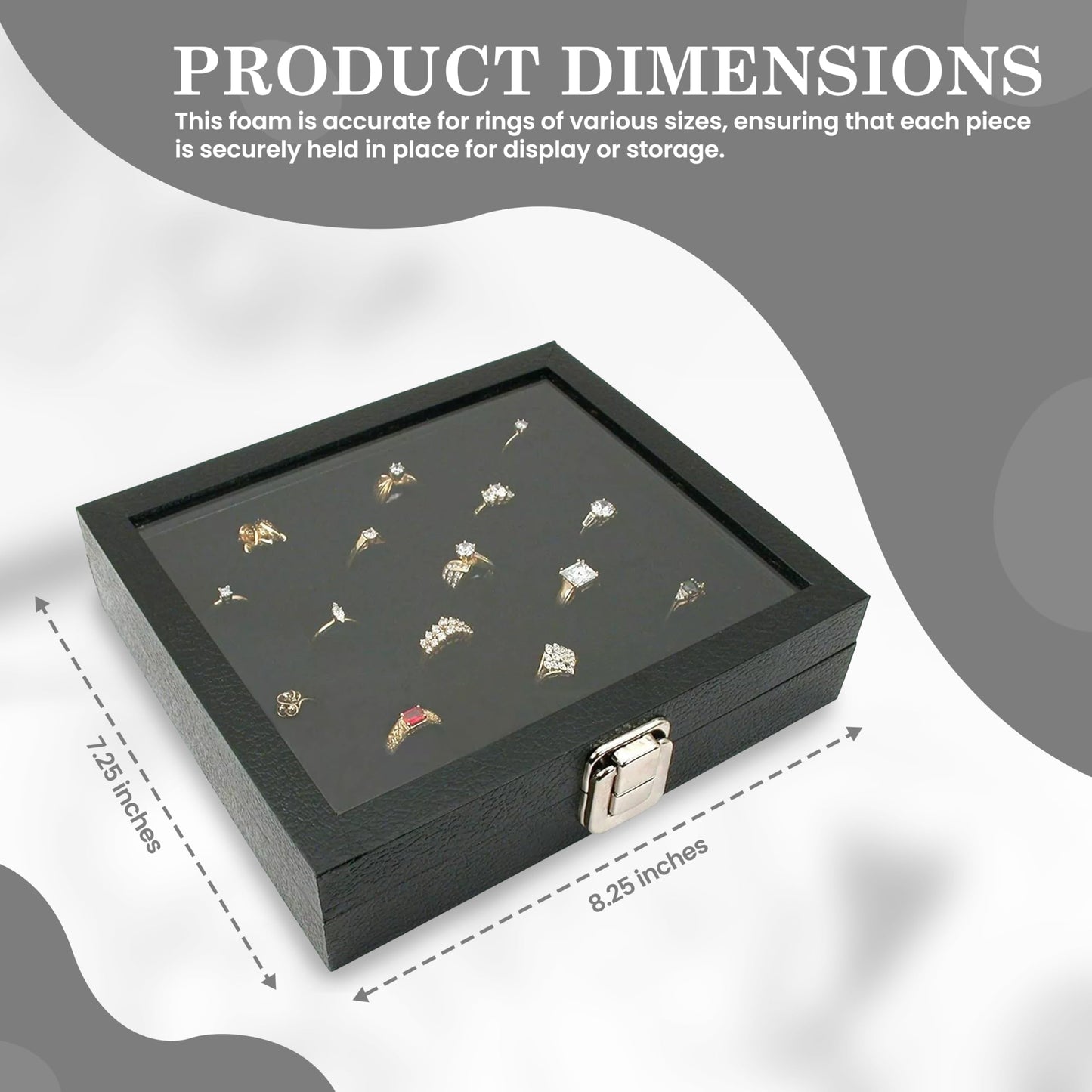 Novel Box Ring Display Glass Case Black 8.25x7.25x2 Inches with 36-Slot Black Ring Foam Insert - Travel Ring Case with Metal Clasp - Jewelry Box…