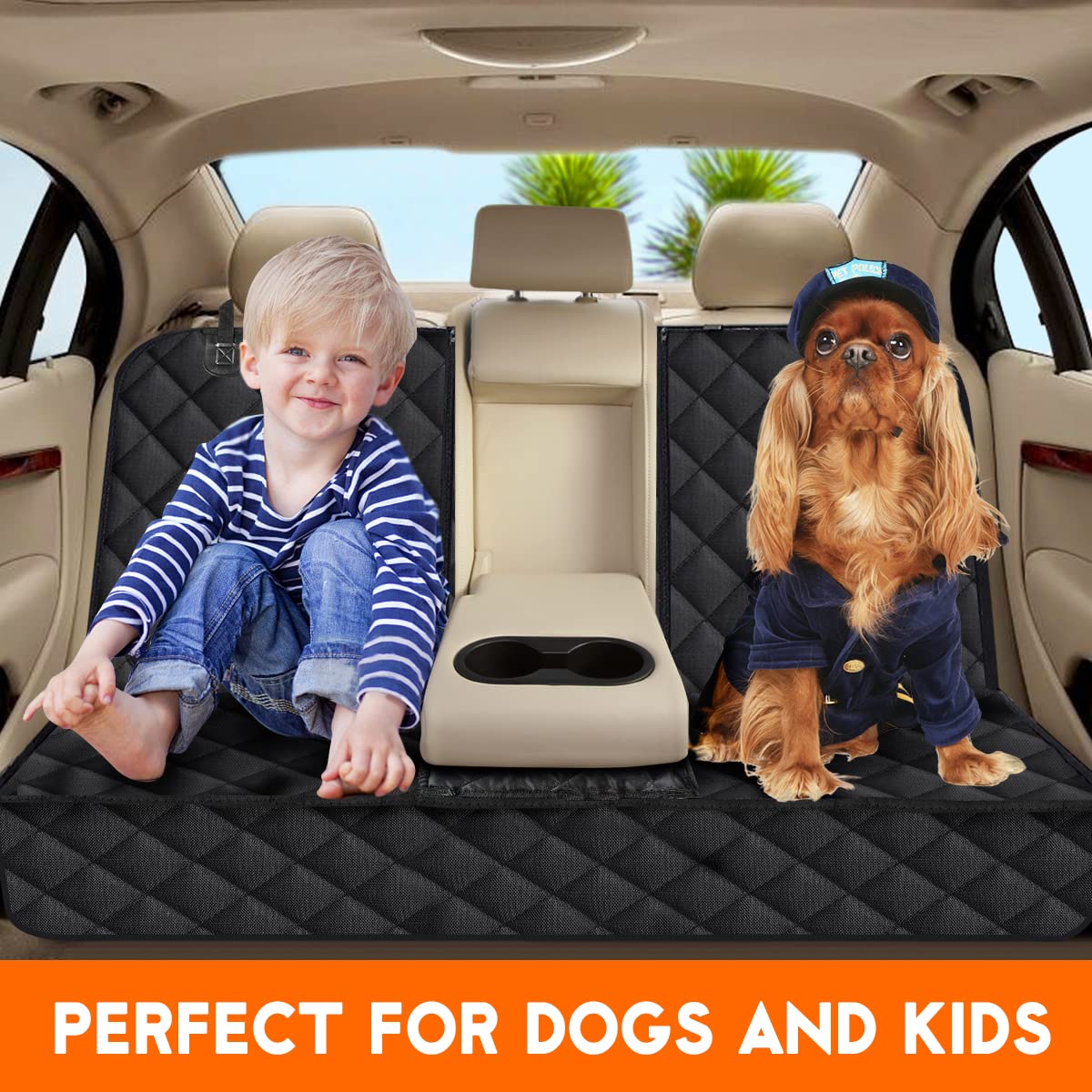 Yuntec Dog Car Seat Cover – Waterproof, Non-Slip Back Seat Protector with Middle Armrest Fit for Cars, Trucks & SUVs – Black
