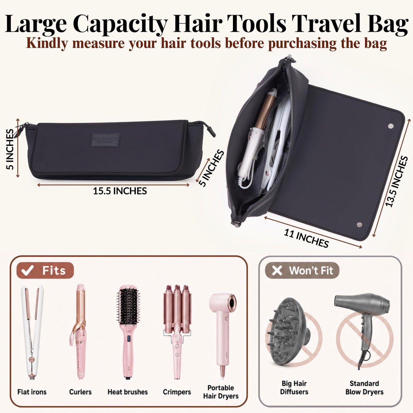 BAREFOOT CARIBOU Hair Tools Travel Bag and Heat Resistant Mat (15.5") for Flat Irons, Straighteners, Curling Iron, Haircare Accessories, 2-in-1 Beauty and Personal Care BAREFOOT CARIBOU