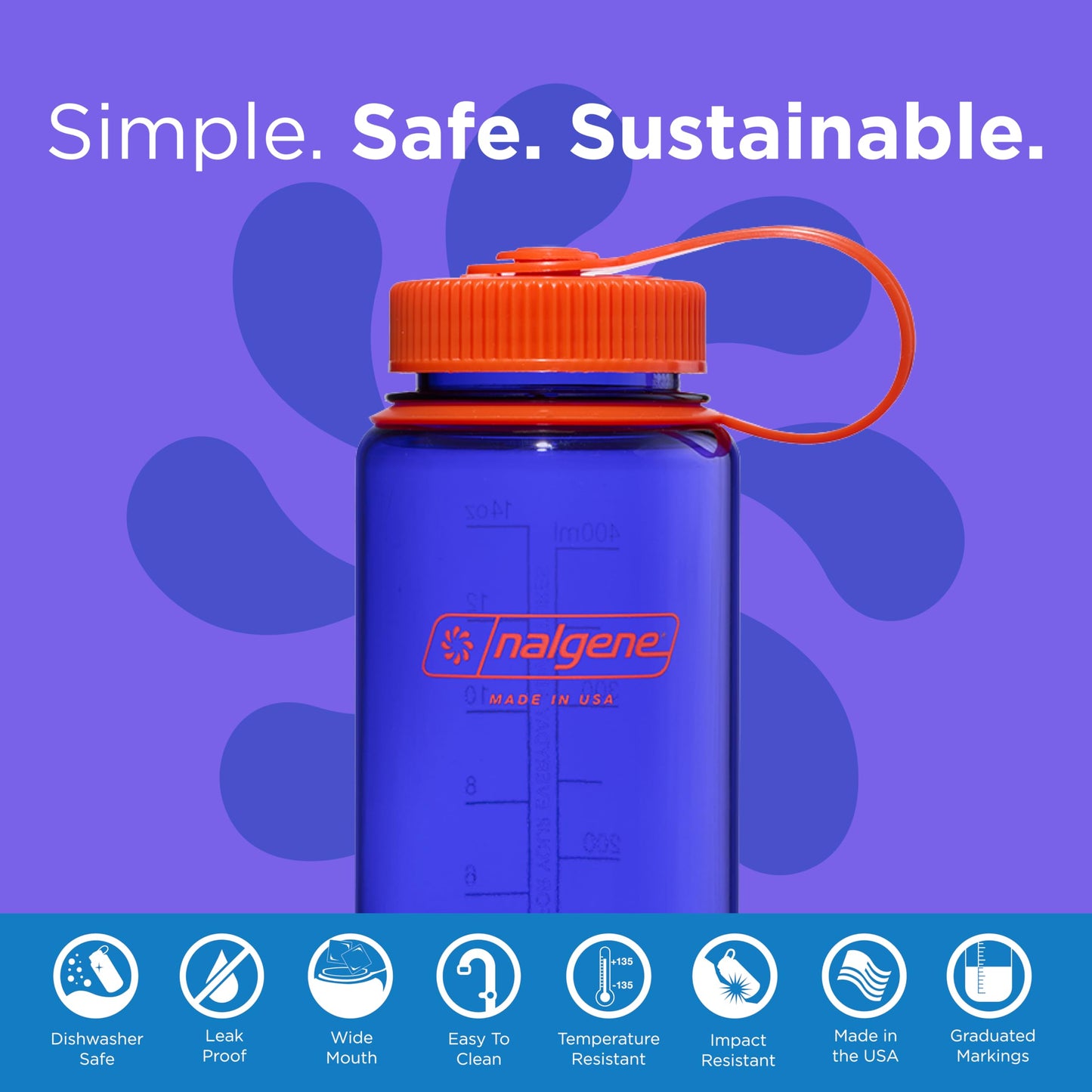 Nalgene Water Bottle - Lightweight Sustain Tritan BPA-Free Shatterproof Bottle for Backpacking, Hiking, Gym, 16 OZ, Wide Mouth, Periwinkle