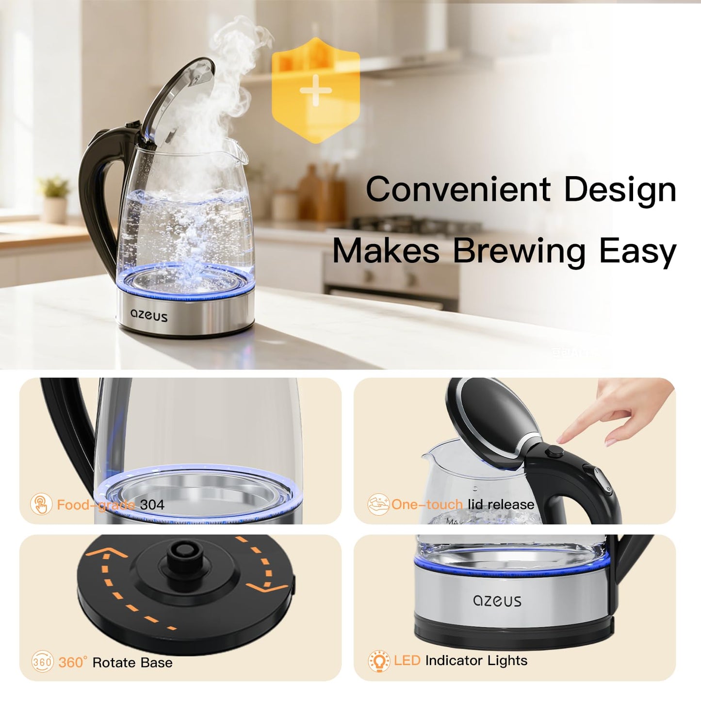 AZEUS Electric Kettle 1500W Cool Touch Tea Kettle Anti-scalding Design 1.8L Large Capacity Kettle BPA-Free, White