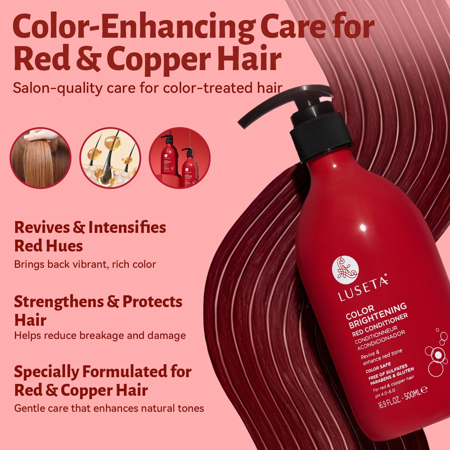 Color Treated Red Hair Shampoo and Conditioner Set with Pomegranate Extract for Copper Brightening and Strengthening, for Women and Men, 16.8oz*2
