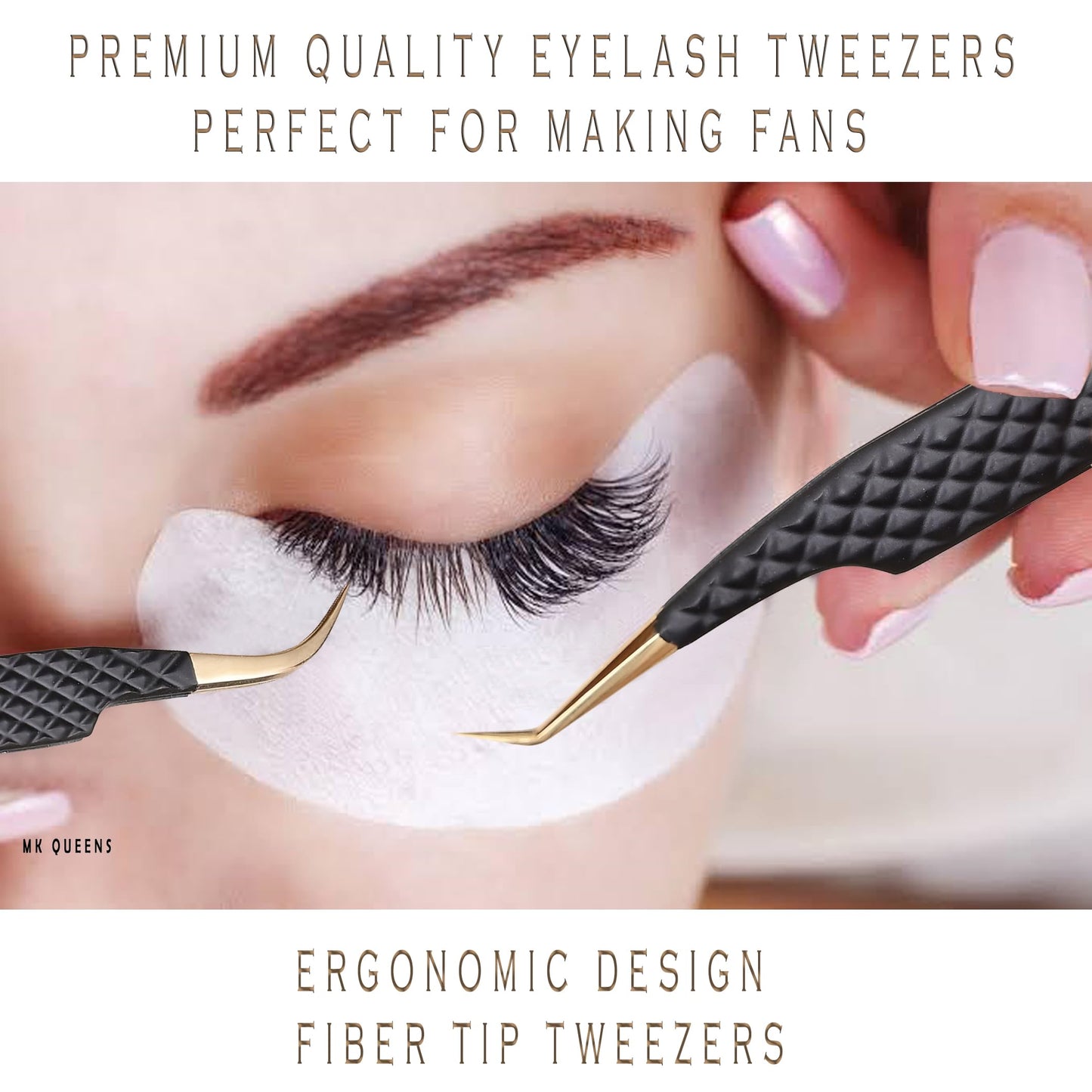 MK Queens Lash Tweezers - Stainless Steel Fiber Tip Eyelash Tweezers (Set of 4) - Diamond Grip Professional Lash Tweezers for Eyelash Extensions