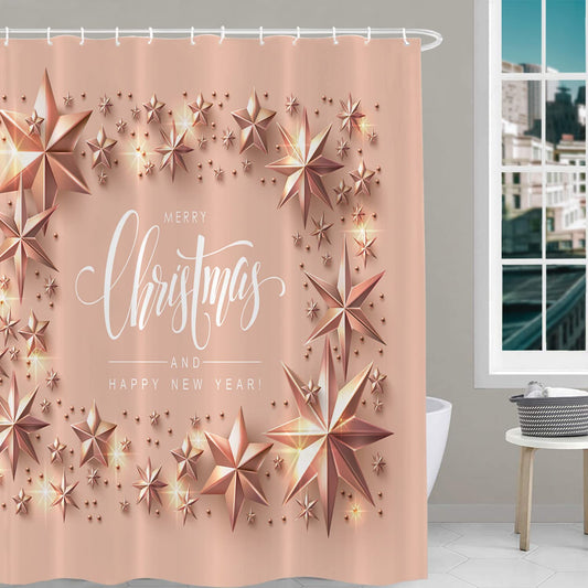 BaoNews Christmas Rose Gold Decorative Shower Curtain, Vintage Border Merry Christmas Typography HolidayDecor Shower Curtain for Shower Stall…