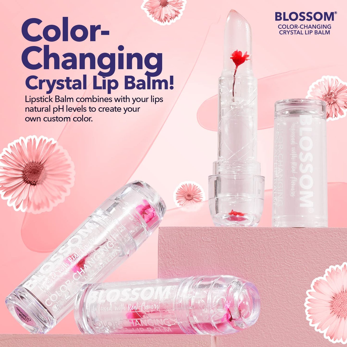 Blossom Lip Gloss Moisturizing pH Lip Balm, Strawberry Scented Color Changing Crystal Lip Stain Tint, Infused with Real Flowers, 3g, Pink