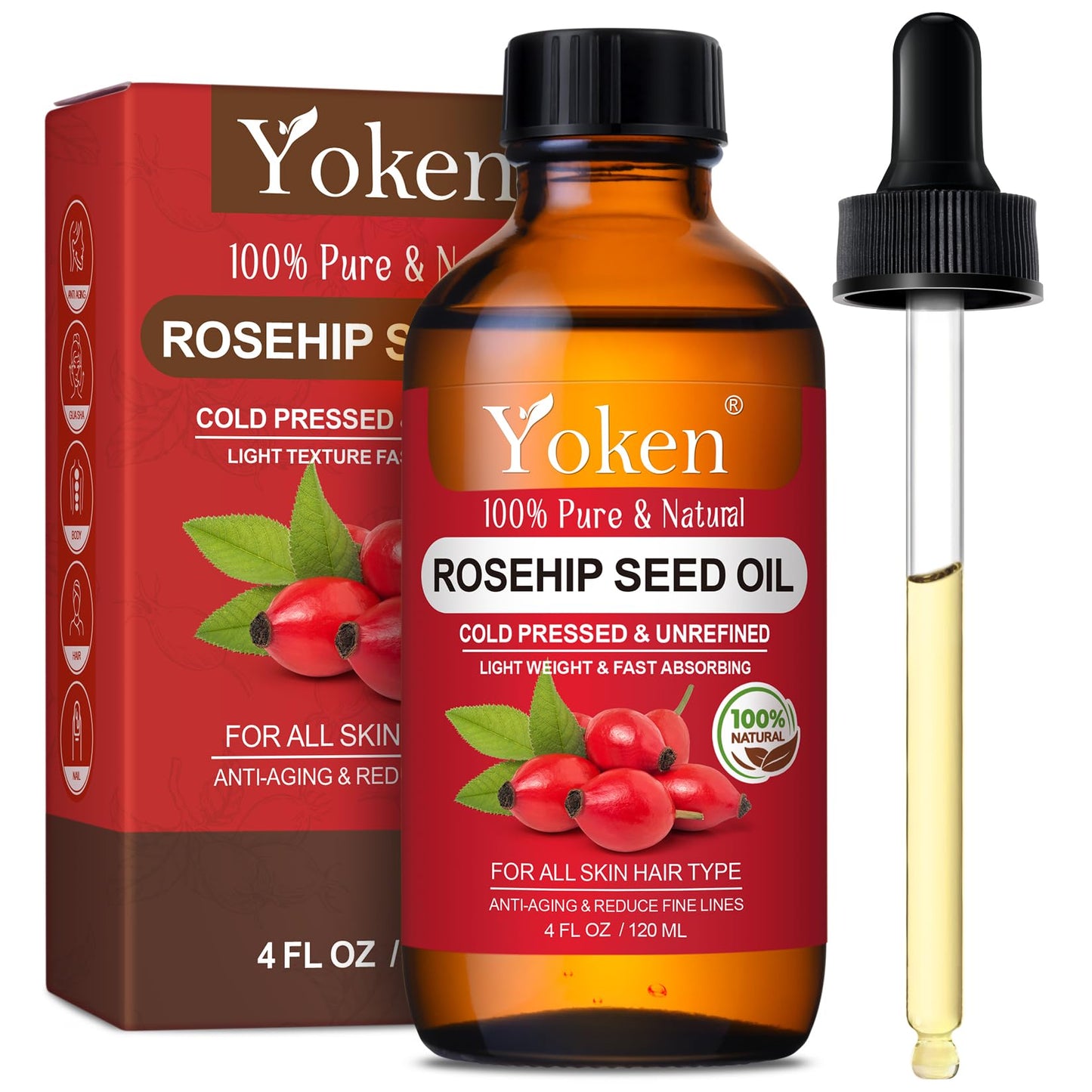 Yoken Cold Pressed Organic Rosehip Seed Oil for Face, Hair & Body, 4 fl oz Beauty and Personal Care Yoken