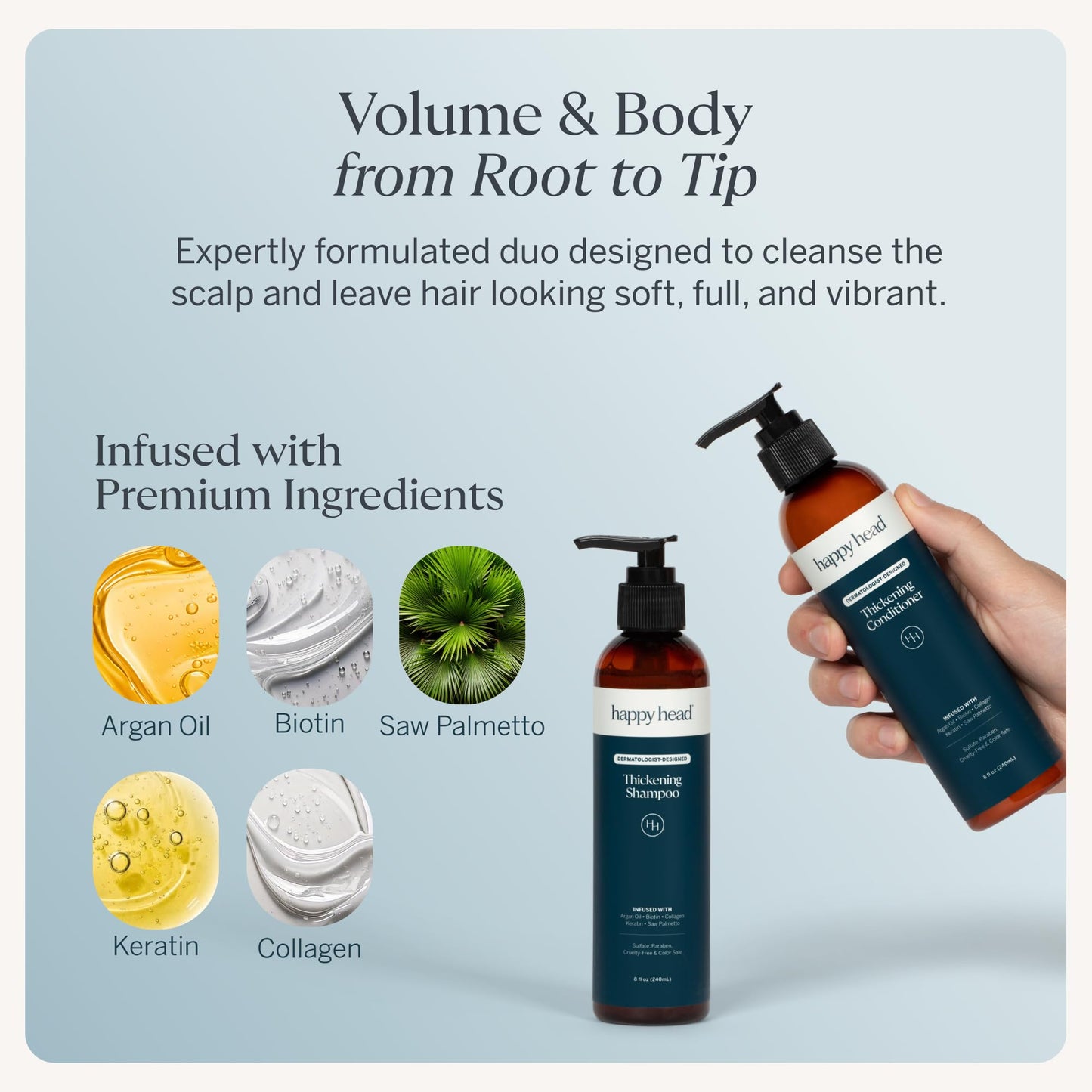 Happy Head Hair Shampoo & Conditioner Set for Men & Women with Biotin, Argan Oil, Collagen & Keratin, Daily Hair Care Routine for All Hair Types