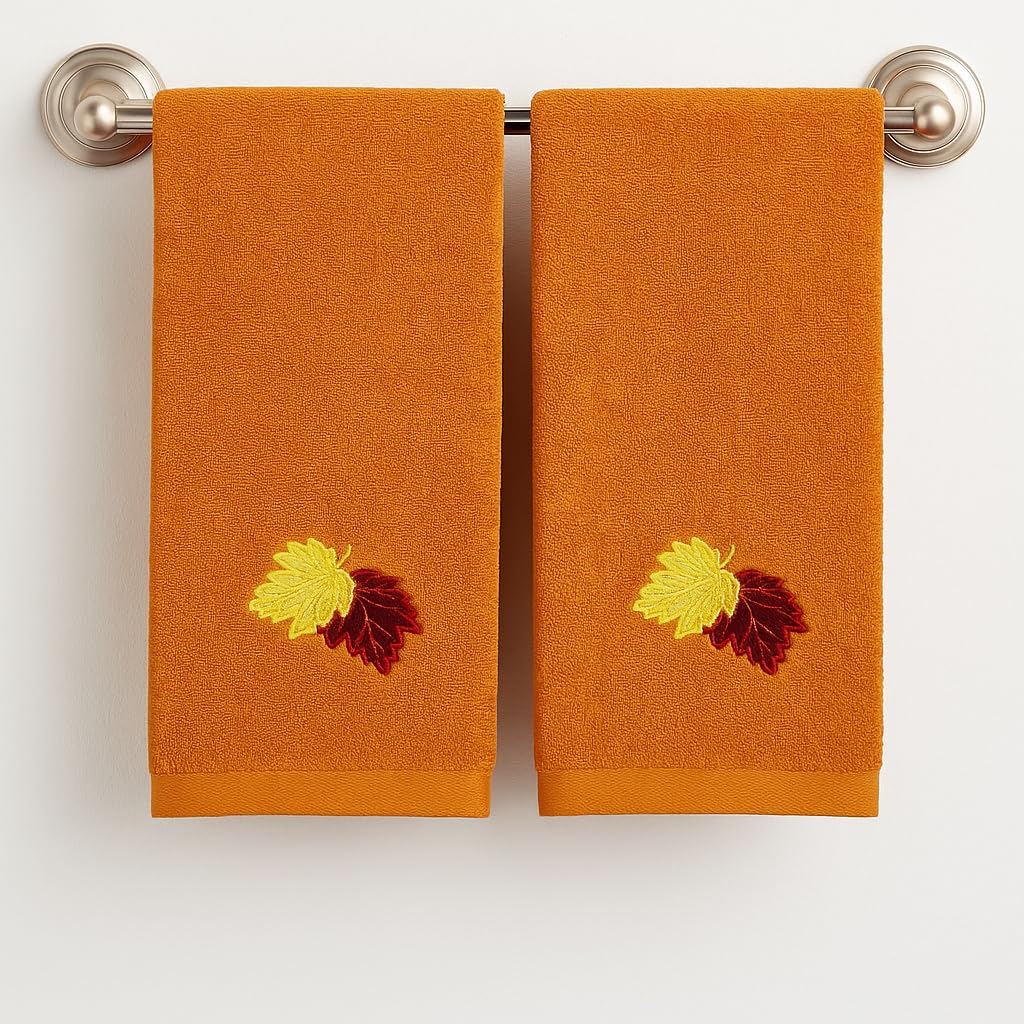 Fall Bathroom Leaf Fingertip Towels: Embroidered Gold Burgundy Leaves on Rust Orange, 2 Piece Bath Set, 12 x 18 Inches Each