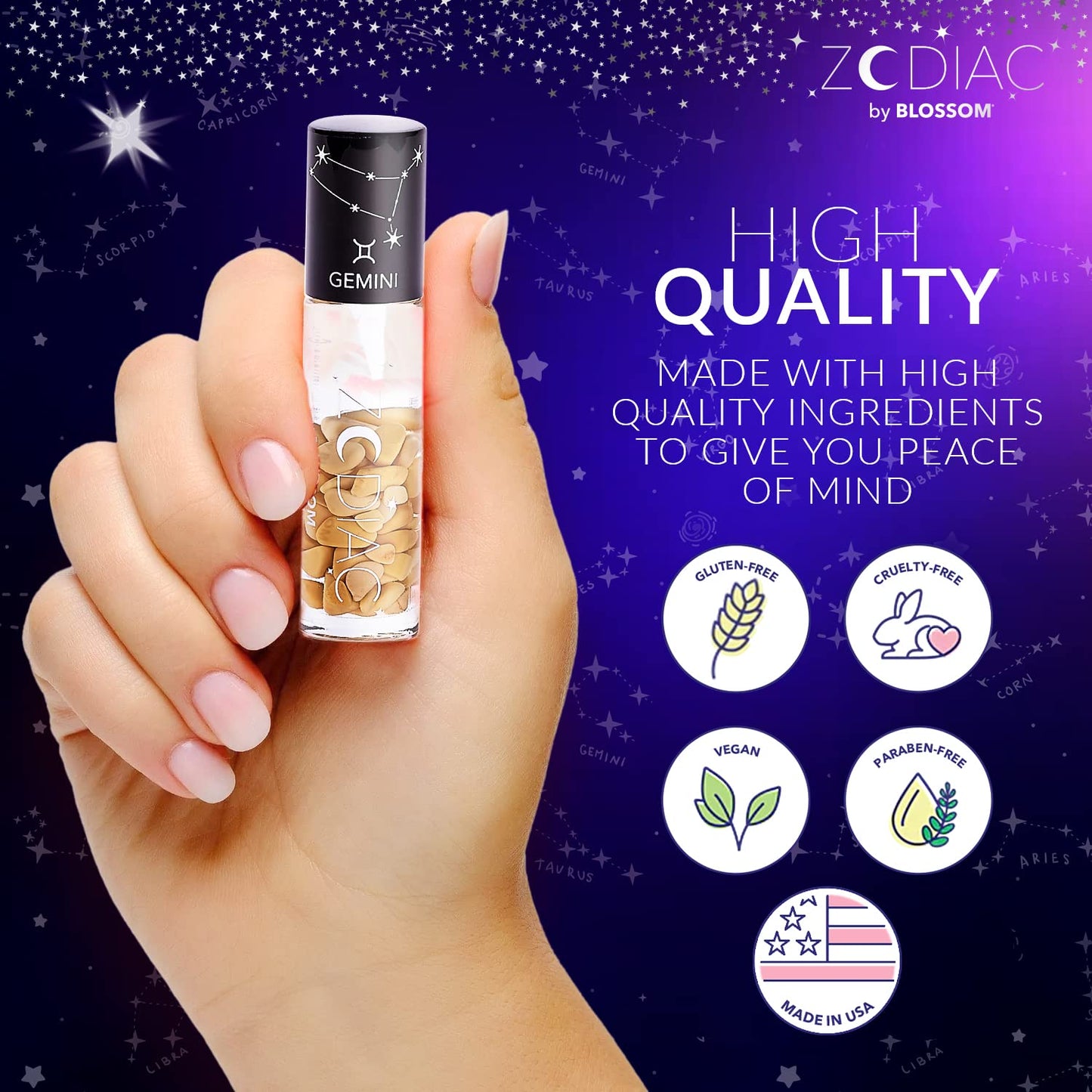 Blossom Lip Gloss Zodiac Sign Vanilla Scented Roll-On Lip Gloss, Moisturizing + Hydrating with Zodiac Crystals, Made in USA, 0.20oz, Gemini