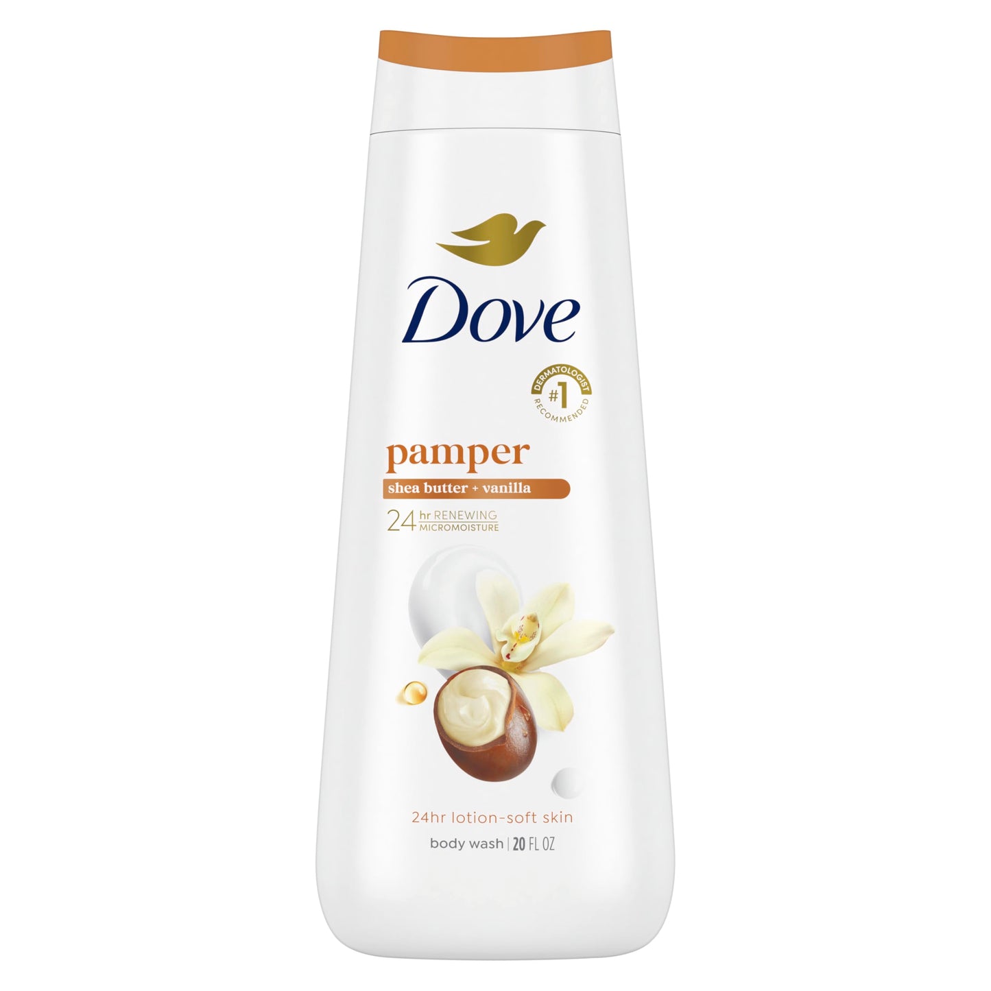 Dove Body Wash Pamper Shea Butter & Vanilla for 24hr Lotion-Soft Skin Moisturizing Skin Cleanser with No Sulfates No Parabens 20 oz