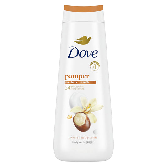 Dove Body Wash Pamper Shea Butter & Vanilla for 24hr Lotion-Soft Skin Moisturizing Skin Cleanser with No Sulfates No Parabens 20 oz