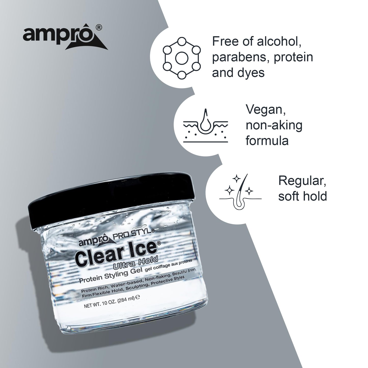 AmPro Pro Styl Clear Ice Styling Gel - Protects and Strengthens Your Strands - Non-Flaking, Alcohol Free, Vegan Formula - Flexible, Touchable Hold