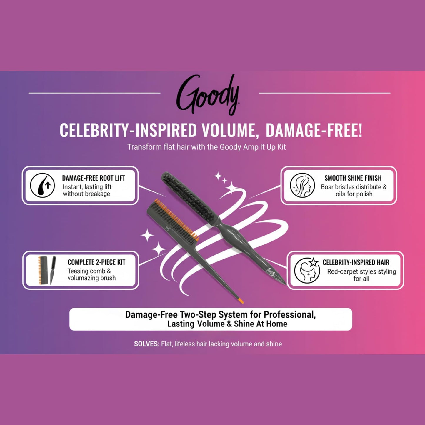 Goody Volume Boost Teasing Brush & Comb Set | Boar Bristle Damage-Free Root Lift & Backcombing Tool for Volumizing & Texture | Works on All Hair Types