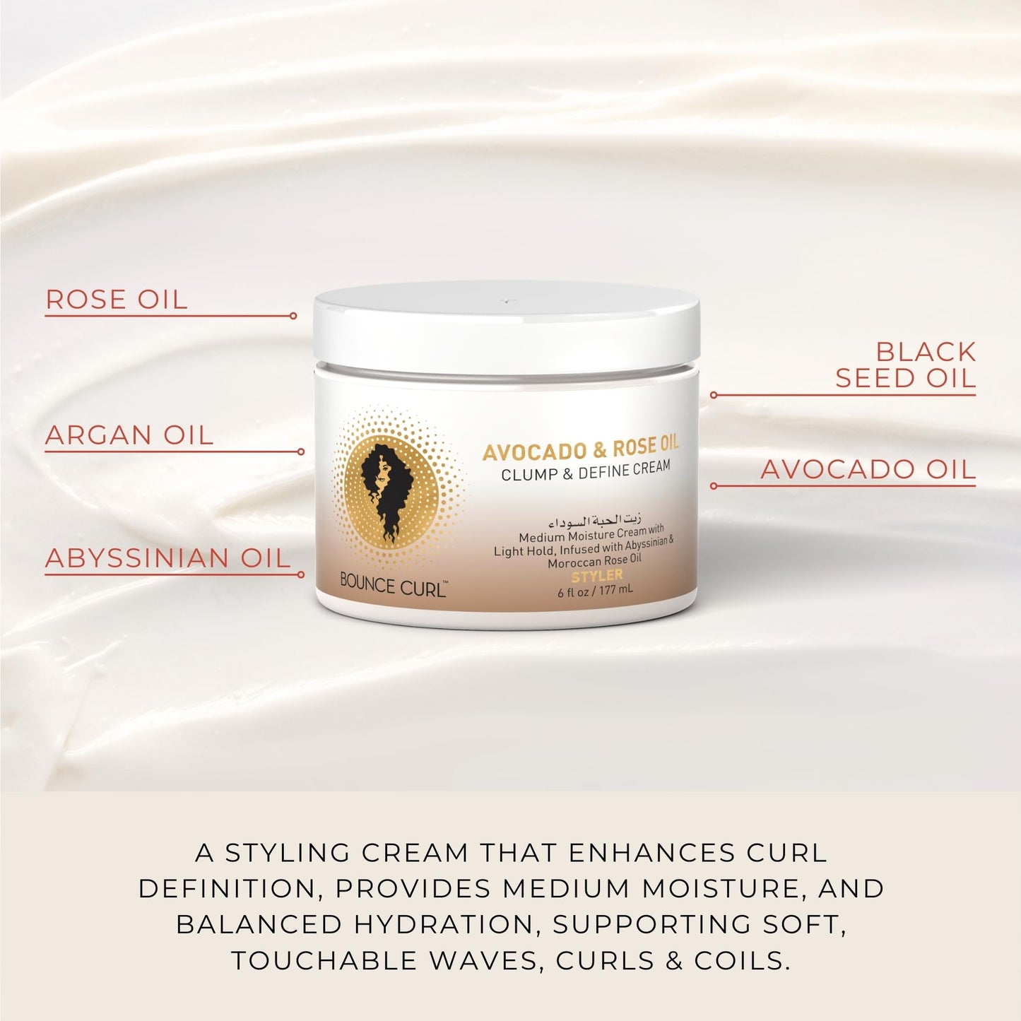Bounce Curl Avocado and Rose Oil Clump and Define Cream Curl Cream for Curly Hair with Light Hold and Moisture