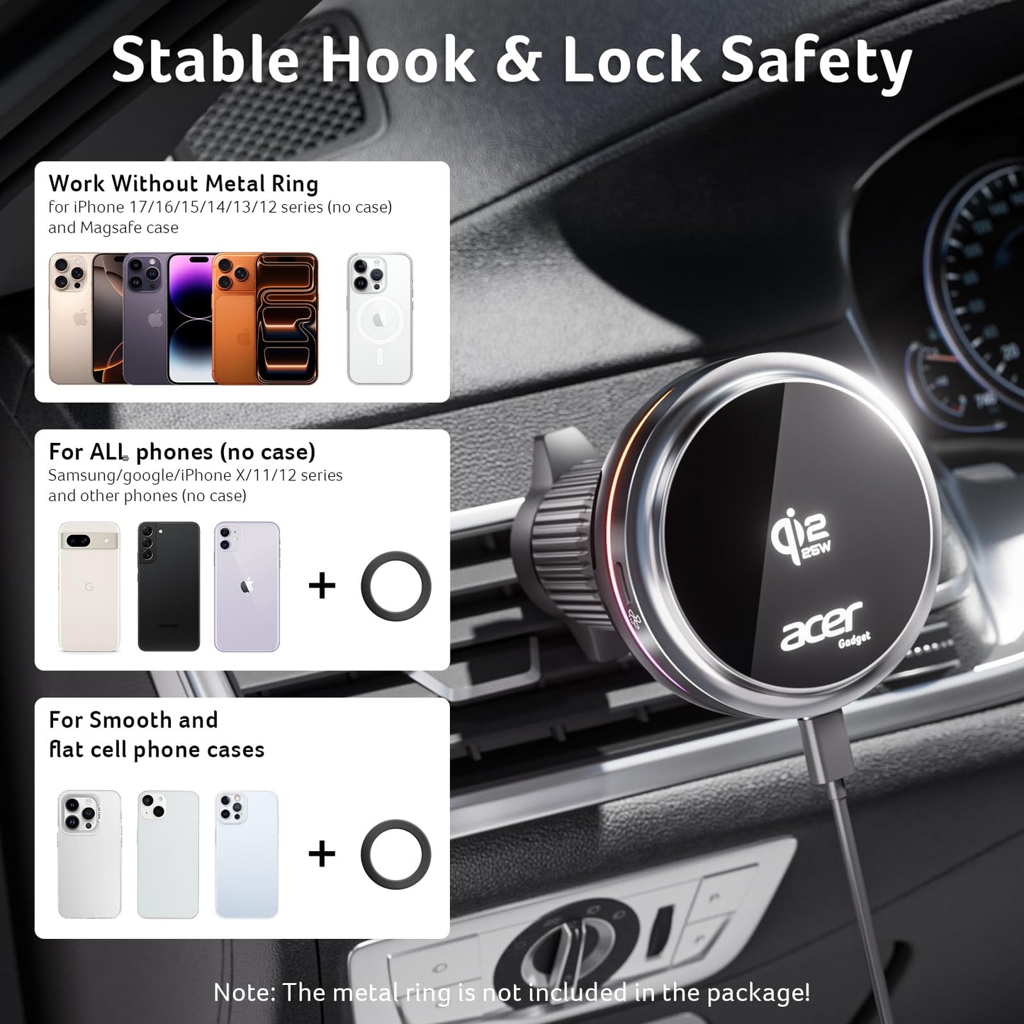 acer Qi2.2 25W Mag-Safe Car Mount Charger, Wireless Car Charger with Cooling Fan, Glass Panel & Backlight,Vent Phone Mount with 45W…