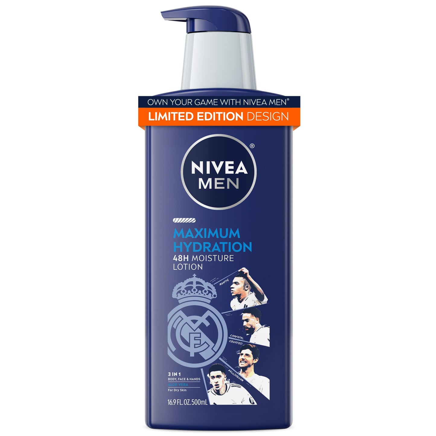 NIVEA MEN Real Madrid Limited Edition Design Maximum Hydration 48-Hour Moisture Body Lotion for Dry Skin, Aloe Vera Lotion for Men, 3-in-1 Body, Face