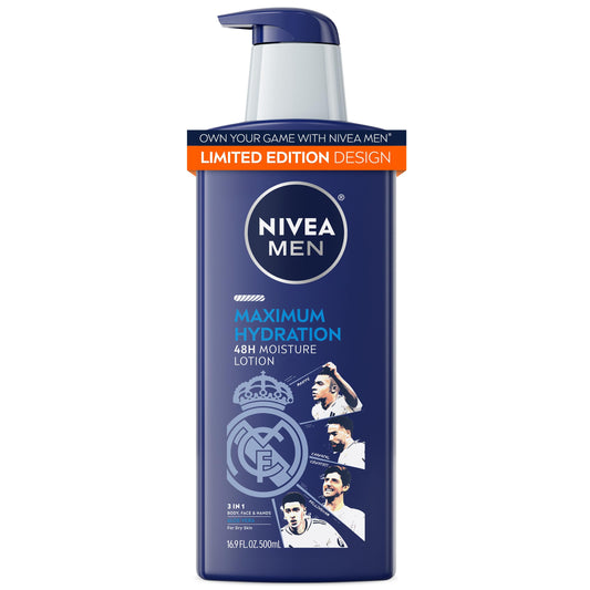 NIVEA MEN Real Madrid Limited Edition Design Maximum Hydration 48-Hour Moisture Body Lotion for Dry Skin, Aloe Vera Lotion for Men, 3-in-1 Body, Face