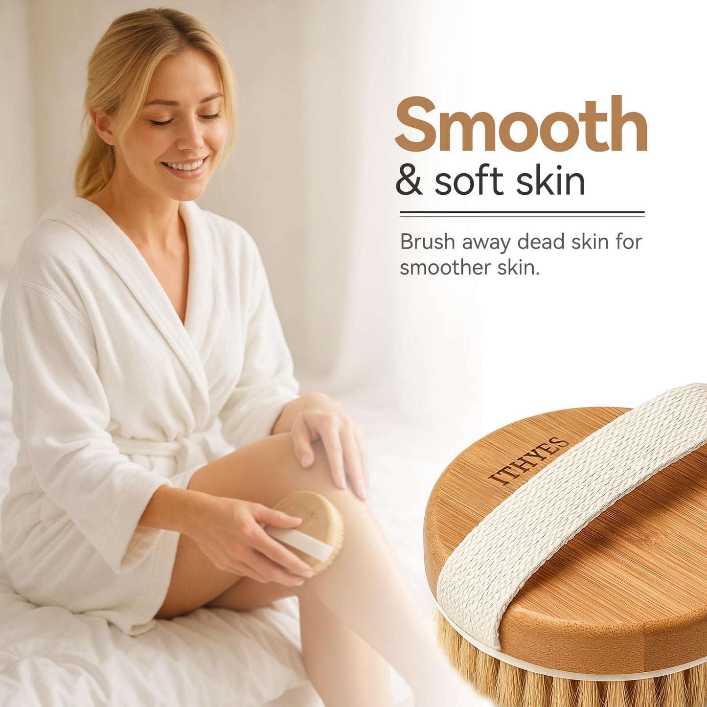Ithyes Body Brush Dry Brushing Bath Brush Gentle Skin Exfoliate Massage Scrub 100% Nature Boar Bristles Bamboo Wood Improve Blood Circulation Wet