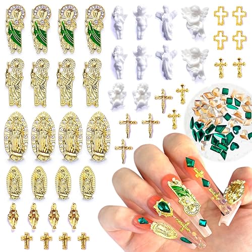 San Judas Virgin Mary Cross 3D Nail Charms Angel Gold Alloy Metal Rhinestones for Acrylic Nail Art Religious Gems Jewels Vintage Manicure Accessories