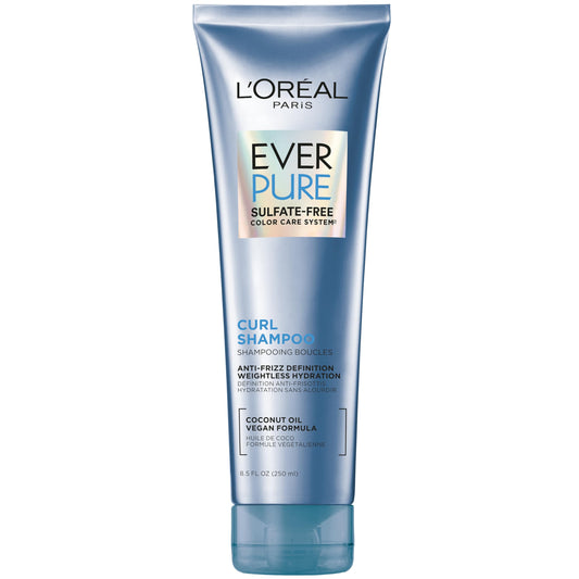 L'Oreal Paris Sulfate Free Shampoo for Curly Hair, Lightweight, Anti-Frizz Hair Care with Coconut Oil, EverPure, 8.5 Fl Oz (Packaging May Vary)