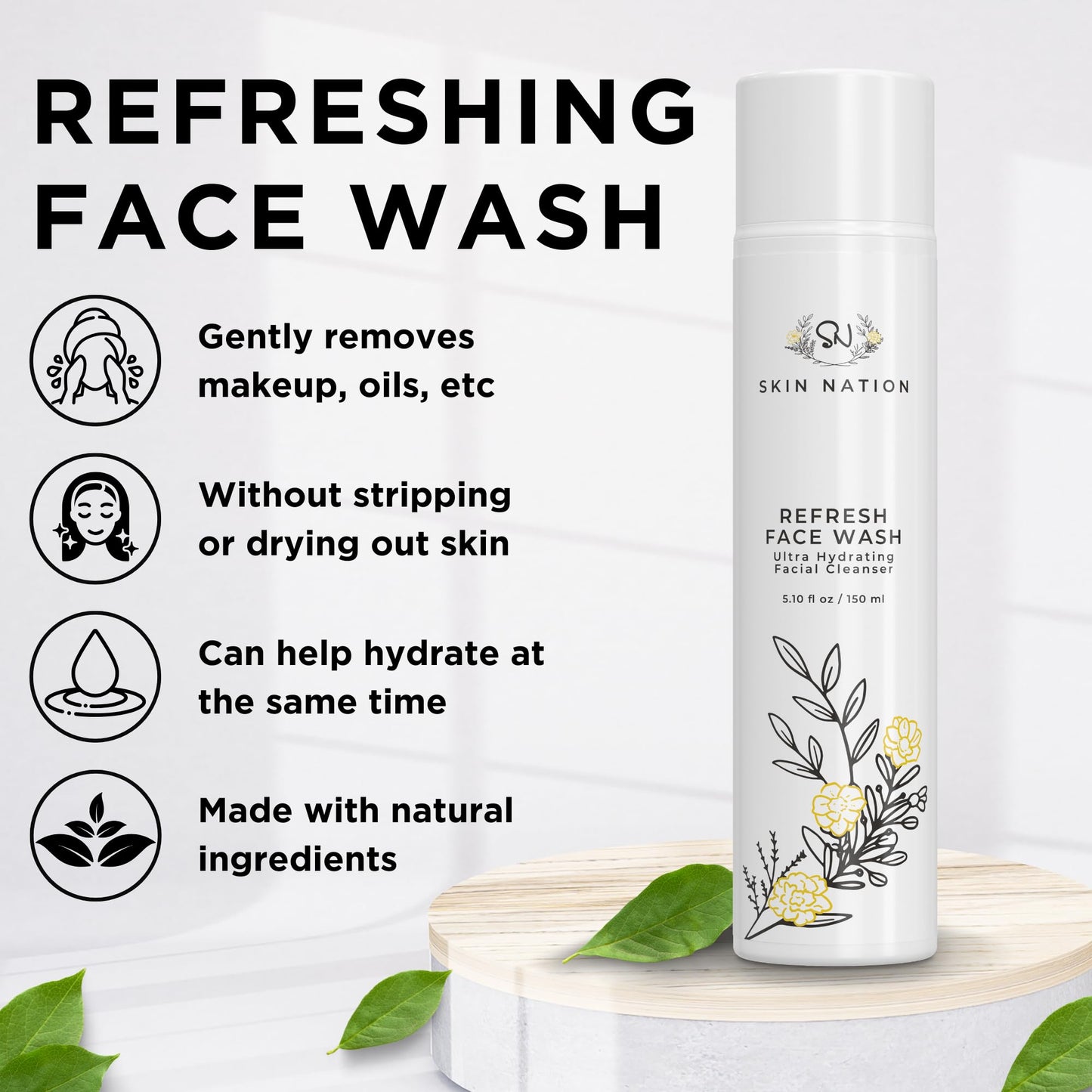 Skin Nation Hydrating Gentle Face Wash with Organic Aloe and Chamomile for Dry, Oily and Sensitive Skin, Paraben Free and Sulfate Free, 5.1 Fl Oz