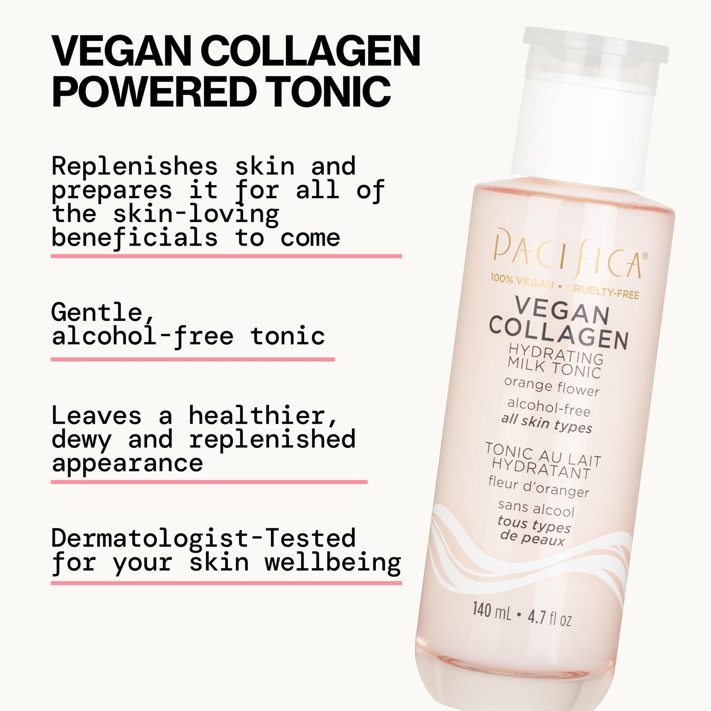Pacifica Vegan Collagen Hydrating Milk Tonic - Alcohol-Free Milky Toner & Essence Moisturizing Vegan Collagen Face Tonic w/Hyaluronic Acid, Chamomile