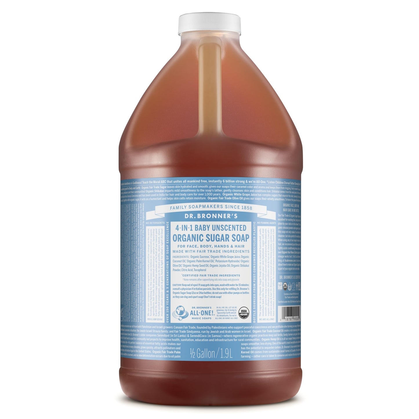 Dr. Bronner’s - Organic Sugar Soap (Baby Unscented, 64 Ounce) - Made with Organic Oils, Sugar and Shikakai Powder, 4-in-1 Use: Hands, Body, Face