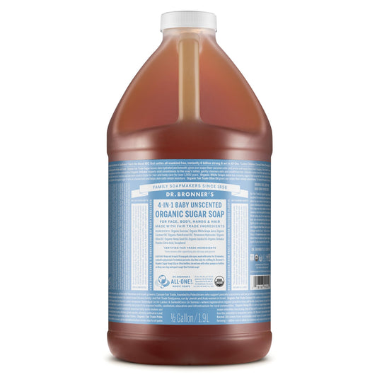 Dr. Bronner’s - Organic Sugar Soap (Baby Unscented, 64 Ounce) - Made with Organic Oils, Sugar and Shikakai Powder, 4-in-1 Use: Hands, Body, Face