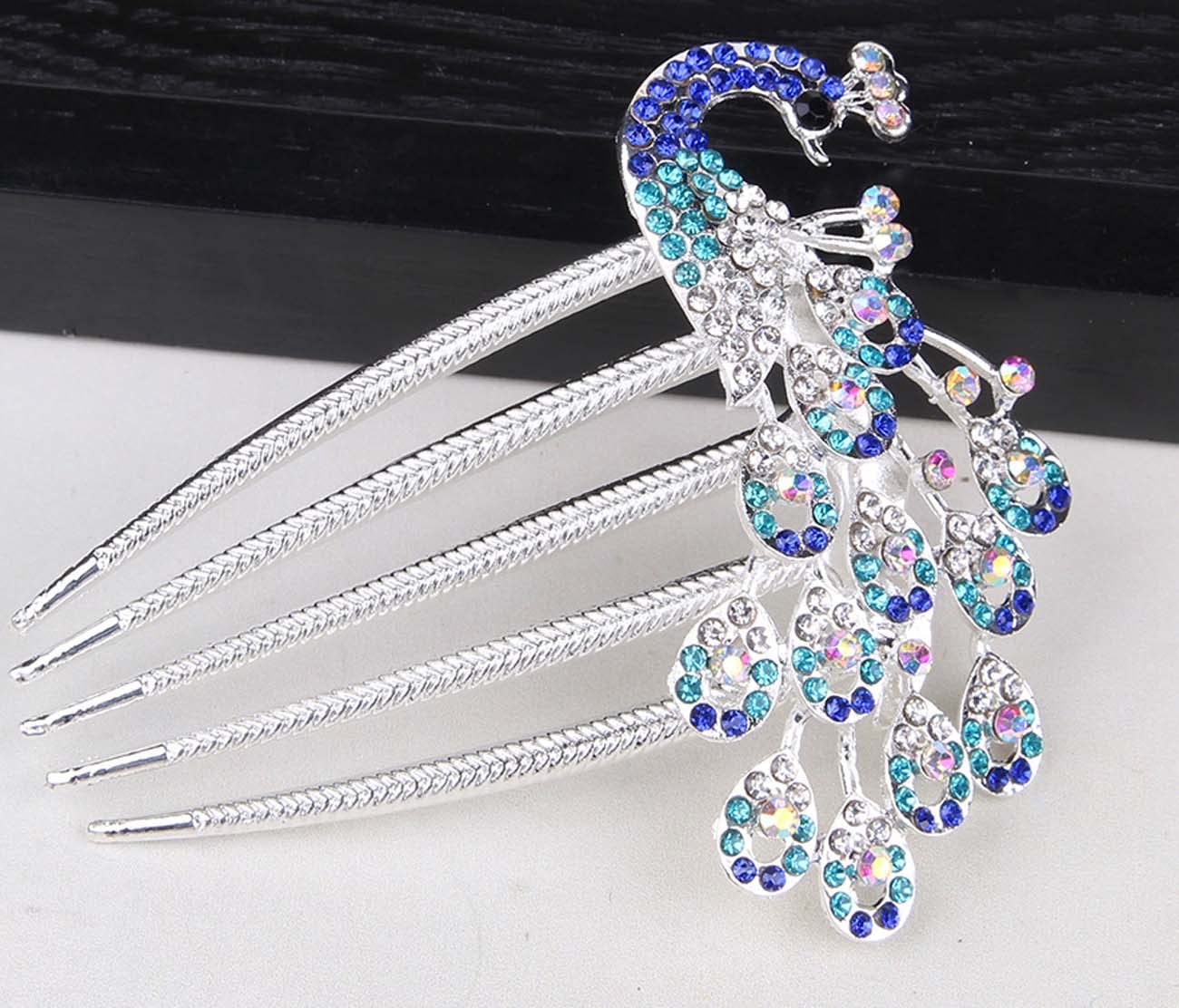 Wedding Bridal Headpiece Rhinestone Hair Comb Women Peacock Hair Clip Side Comb Hair Accessory(Blue)