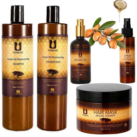 AINATU Morocco Argan Oil 5 Pieces Organic Set, Shampoo, Conditioner, Mask, Spray and Serum for All Hair Types