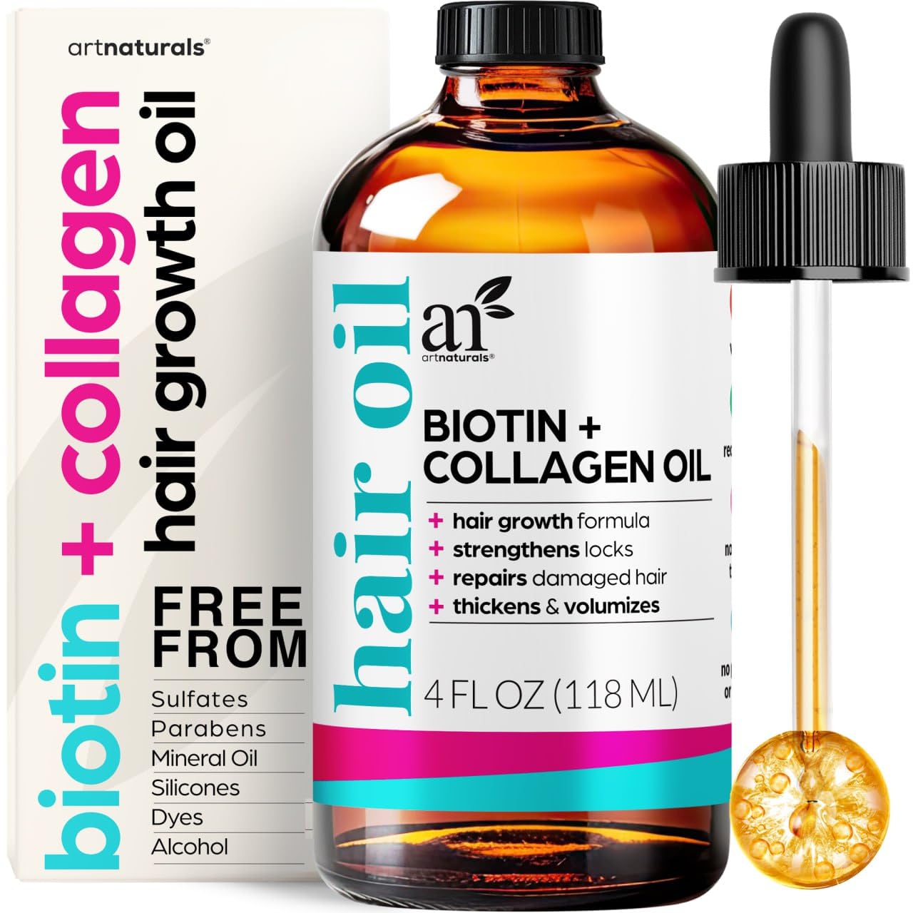 artnaturals Biotin Collagen Hair Oil 4.0oz - Growth Promoting Volumizing Formula - Reduce Hair Loss, Strengthens and Nourishes Hair - Controls Frizz