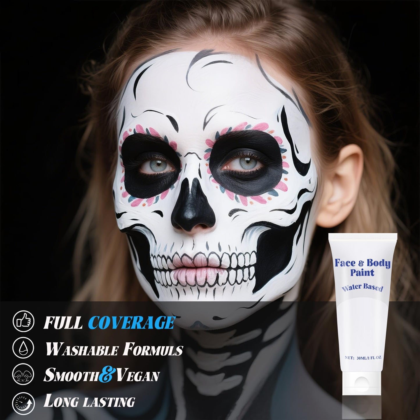 White Face Body Paint, Water Based Cream White Body Painting For Art Theater Halloween Party Cosplay Clown Skull Joker Zombie Vampire Skeleton Goth