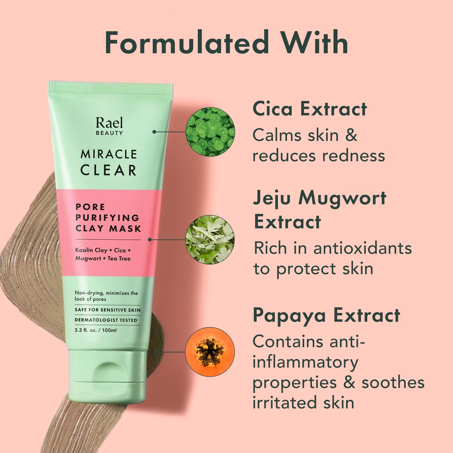 Rael Face Mask, Miracle Clear Clay Mask - Deep Pore Cleanser with Tea Tree & Gentle Exfoliation for Blackheads, Korean Skin Care (3.4 fl oz)
