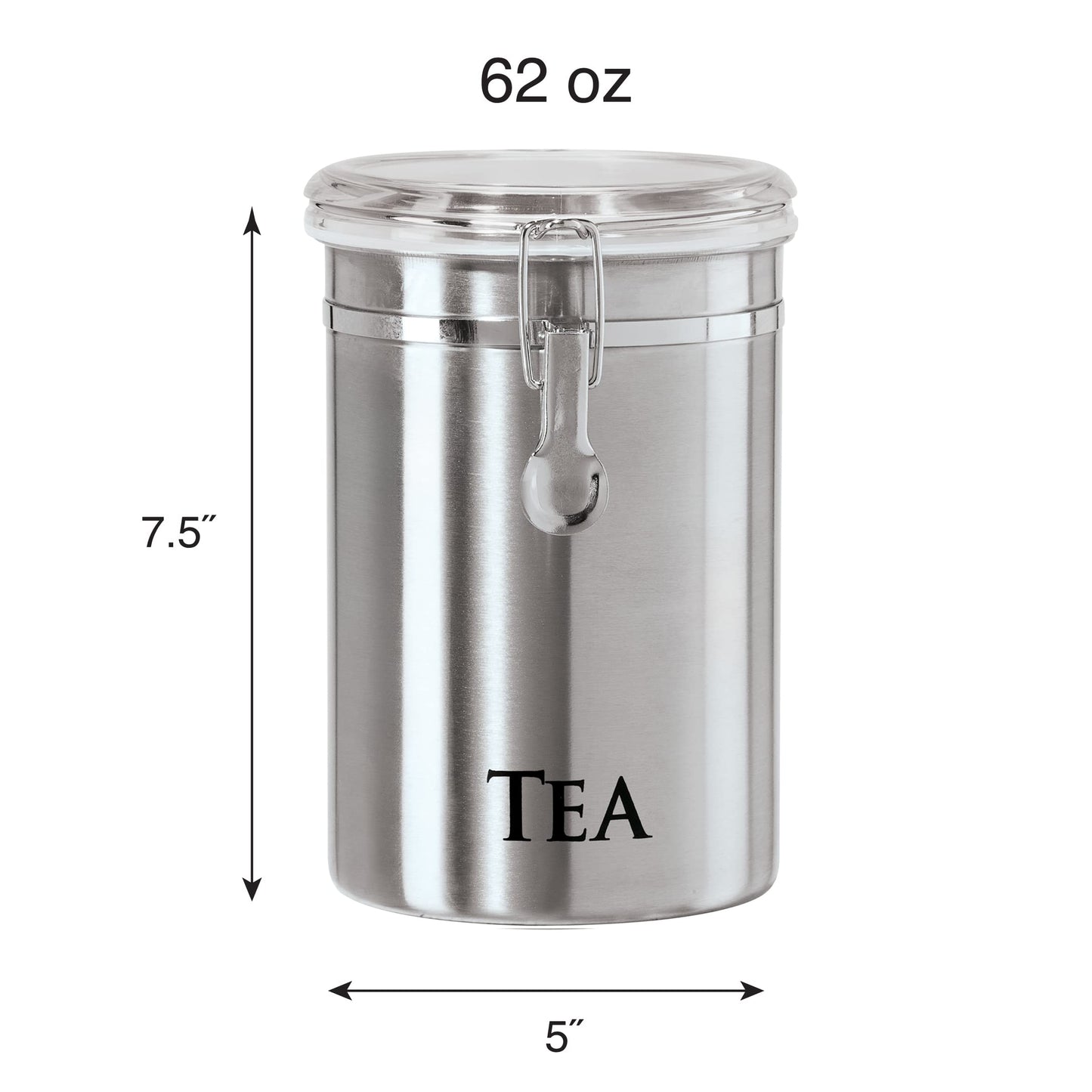 Oggi Stainless Steel Tea Canister 62 fl oz - Airtight Clamp Lid, Clear See-Thru Top - Ideal for Tea Bag, Loose Tea, Kitchen Storage, Pantry Storage.…