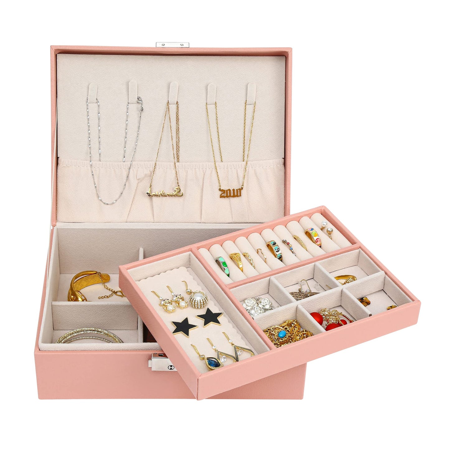 ZUZOOQ Jewelry Organizer Box for Women Girls, 2 Layers Large Storage Case, PU Leather Display Holder for Earrings Rings Necklace Bracelets, Children…
