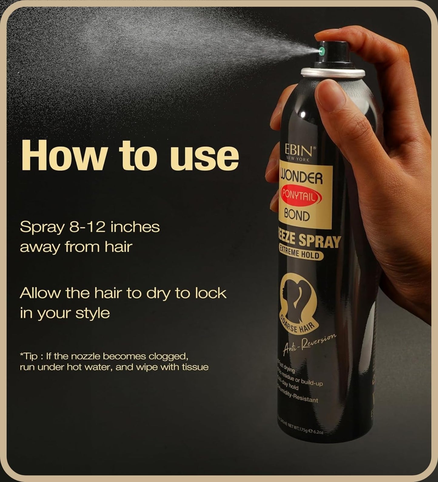 EBIN NEW YORK Wonder Ponytail Bond Freeze Spray 8oz – Extreme Firm Hold, 24H Frizz Control, Fast-Drying, Lightweight, Shine for All Hair Types