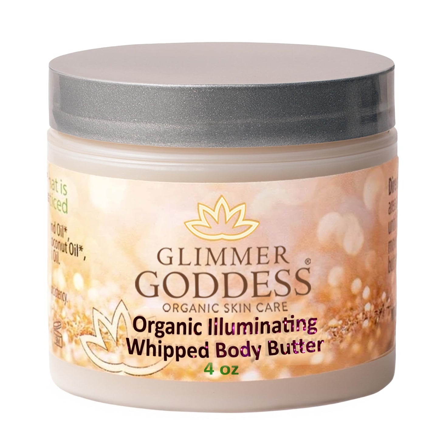 Glimmer Goddess Shimmer Body Butter with Organic Whipped Shea Butter for Hydration, Moisturizing & Silky Natural Glow - Diamond Super, 4 oz