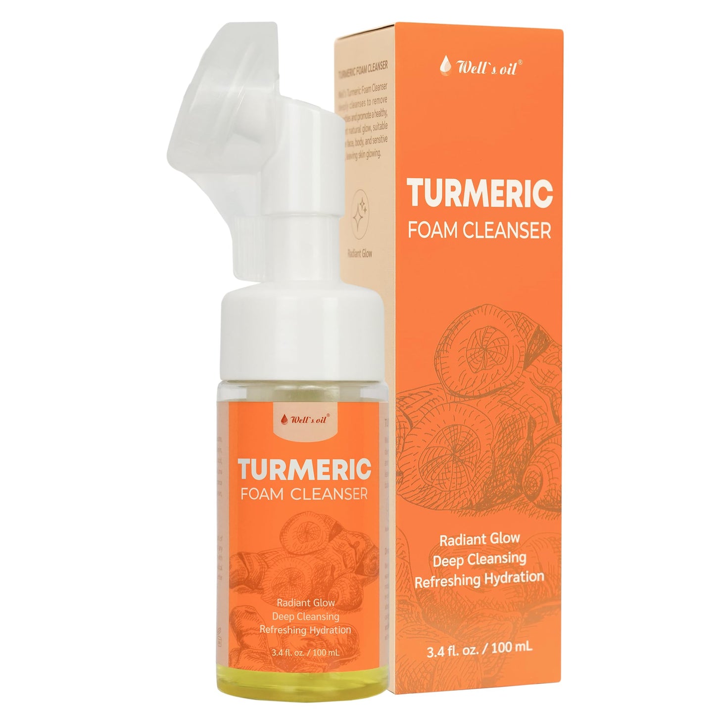 Well's Oil Turmeric Foam Cleanser with Brush | Gentle Foaming Face Wash | Daily Cleanser for All Skin Types | 3.4 fl oz