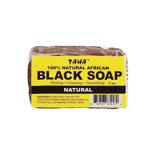 Taha African Black Soap Bar, Organic & 100% Natural, Soothing & Moisturizing, Healthy Cleansing - Great for Blemishes, Acne, Dry Scalp, and More